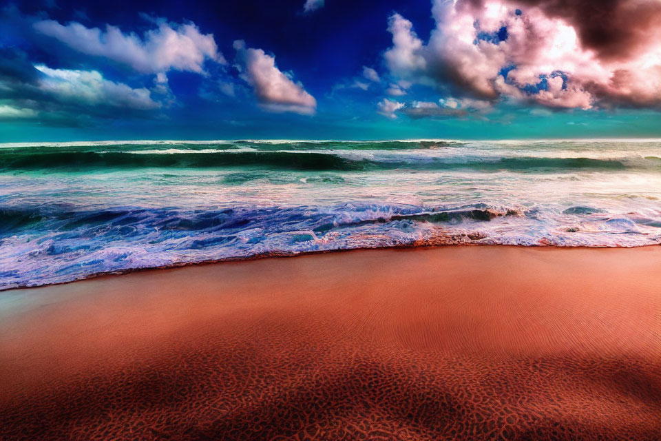 Scenic beachscape with turbulent turquoise sea and red sand under dramatic sky