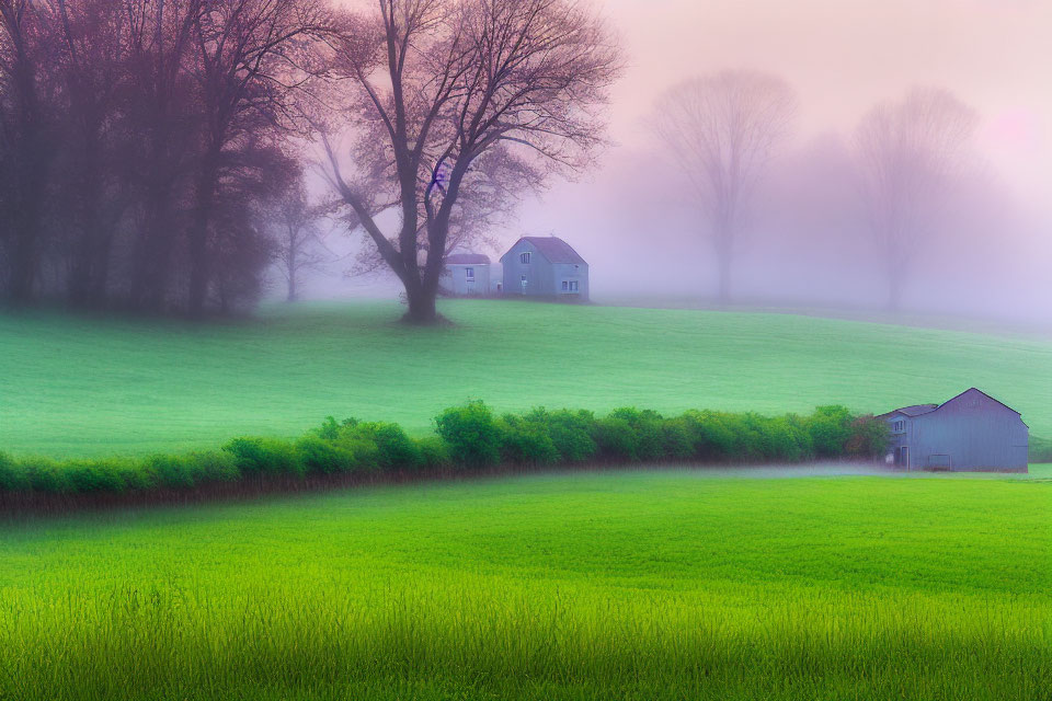 Misty landscape with green meadow, trees, houses, and barn.