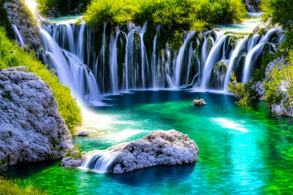 Scenic photo of cascading waterfalls in lush greenery