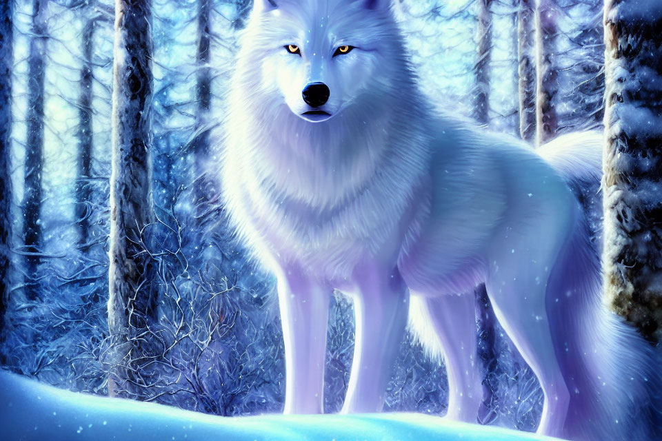 Majestic white wolf in snowy forest with blue eyes