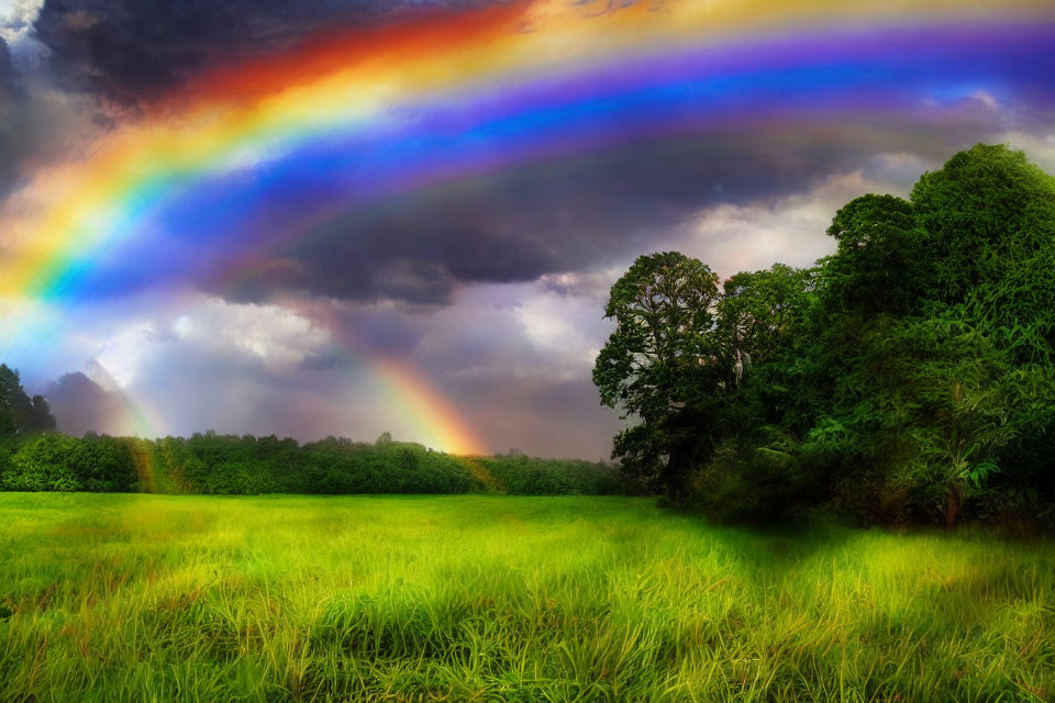 Vivid double rainbow over lush green meadow