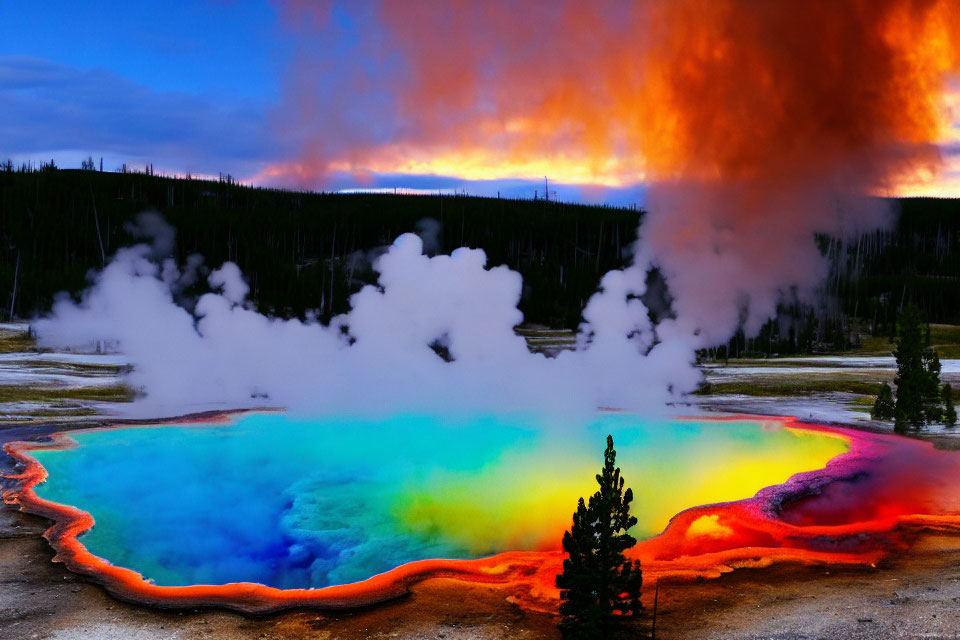 Colorful Geothermal Spring Surrounded by Forest and Fiery Sky