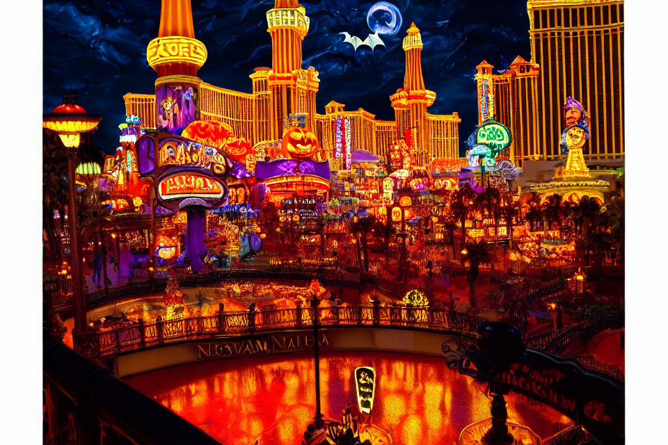 Colorful Las Vegas-themed area with neon signs, slot machines, and Halloween decorations.