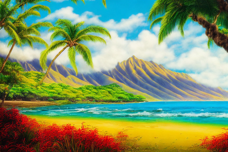 Vibrant tropical beach with palm trees, red foliage, blue ocean, and mountain range