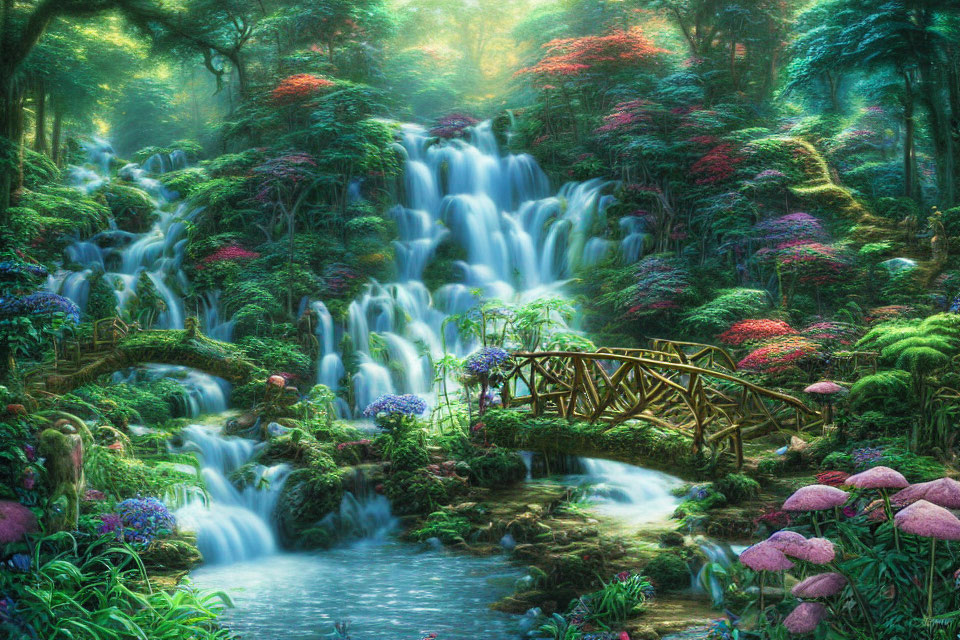 Scenic waterfall in lush forest with wooden bridge