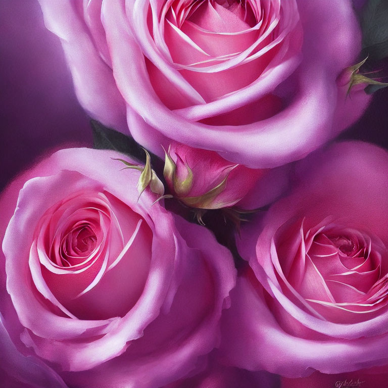 Three pink roses on dark purple background: elegant and romantic.