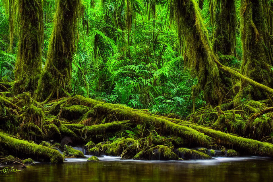 Tranquil Green Forest with Moss-Covered Trees and Stream