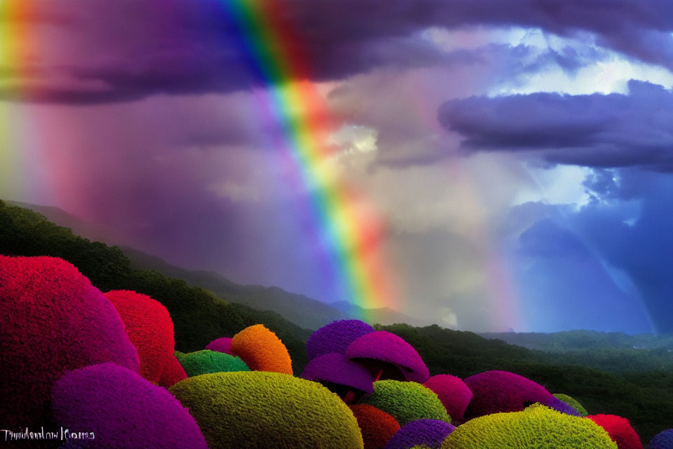 Dramatic sky with vibrant rainbow over colorful landscape