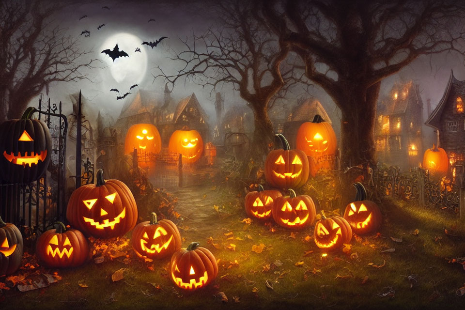 Spooky Halloween Scene with Pumpkins, Graveyard, Haunted Houses, Bats, Moon,