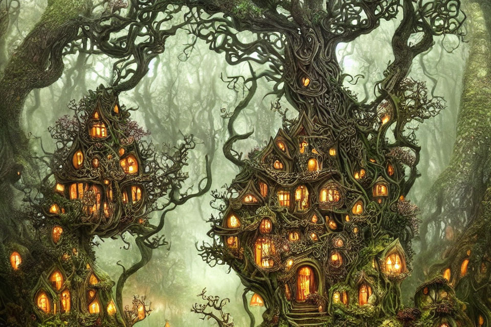 Enchanting forest with whimsical tree houses and glowing windows among ancient trees