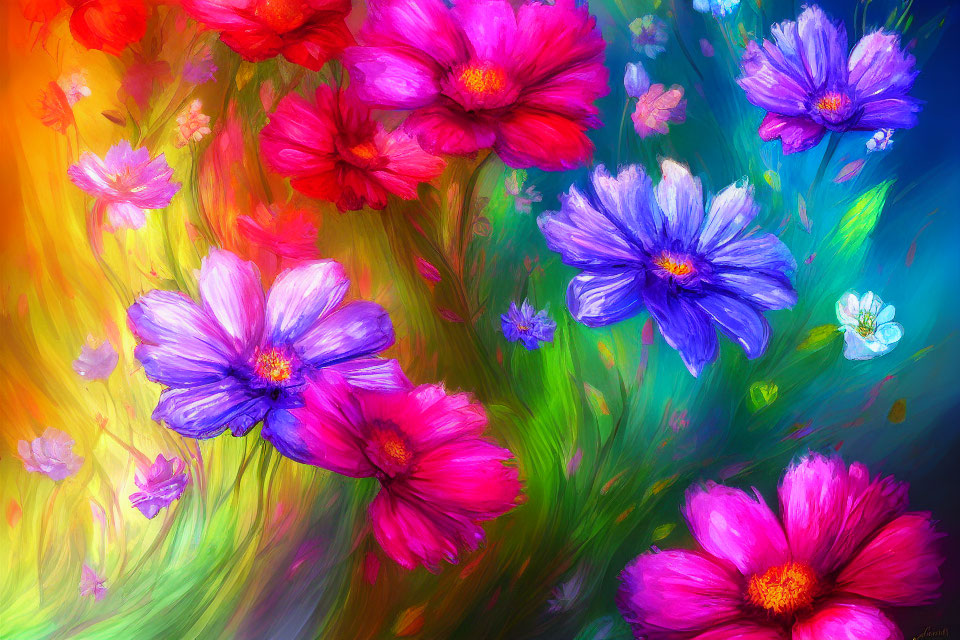 Colorful Abstract Painting of Blue and Pink Flowers on Swirling Background