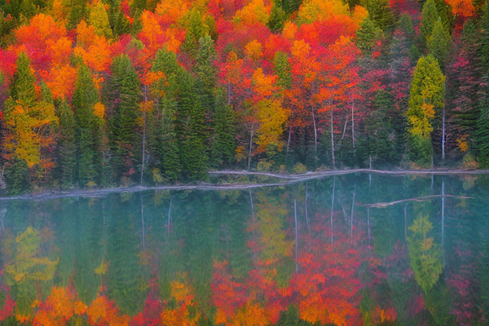 Tranquil lake mirrors colorful autumn forest landscape
