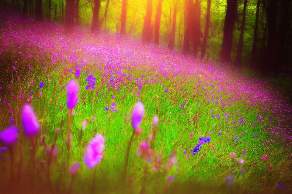 Lush Forest Scene with Sunlight and Purple Wildflowers