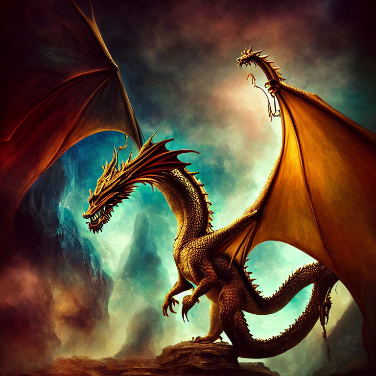 Majestic dragon with wings and horns on rock under dramatic sky