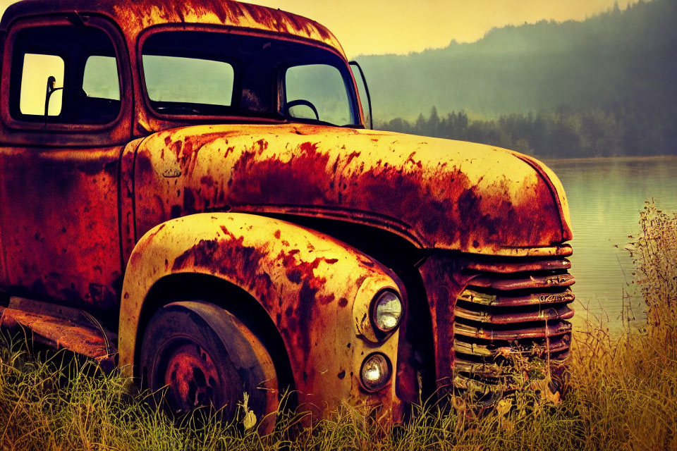 Abandoned rusting truck by tranquil lake with hazy hills