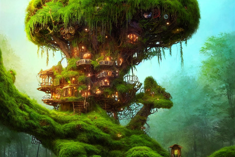 Intricate Wooden Treehouse in Mossy Forest Setting