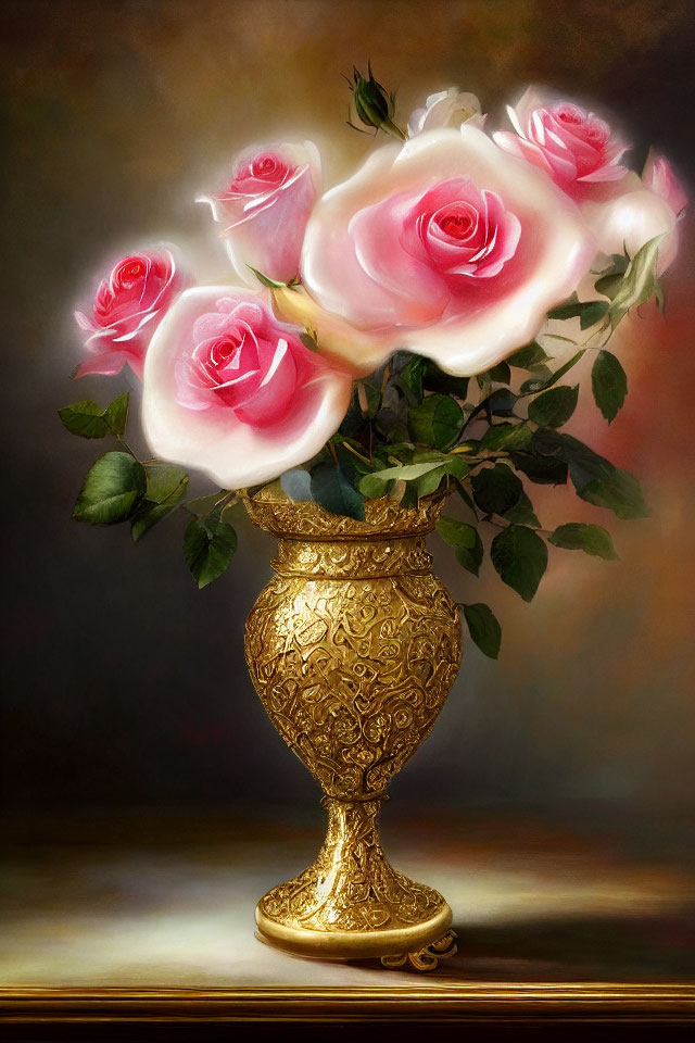 Delicate pink roses in ornate gold vase against blurred background