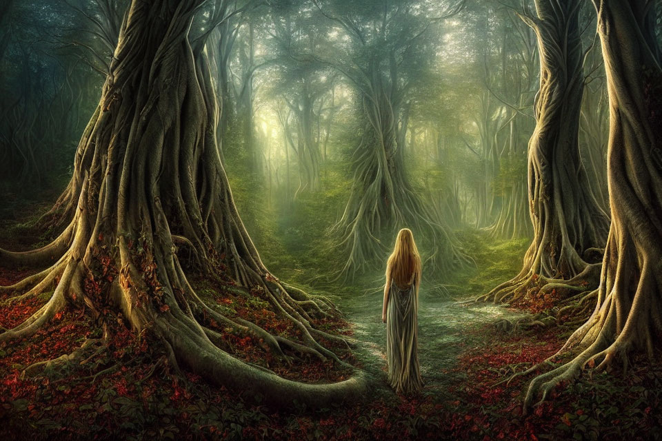 Blonde woman in misty forest with large trees