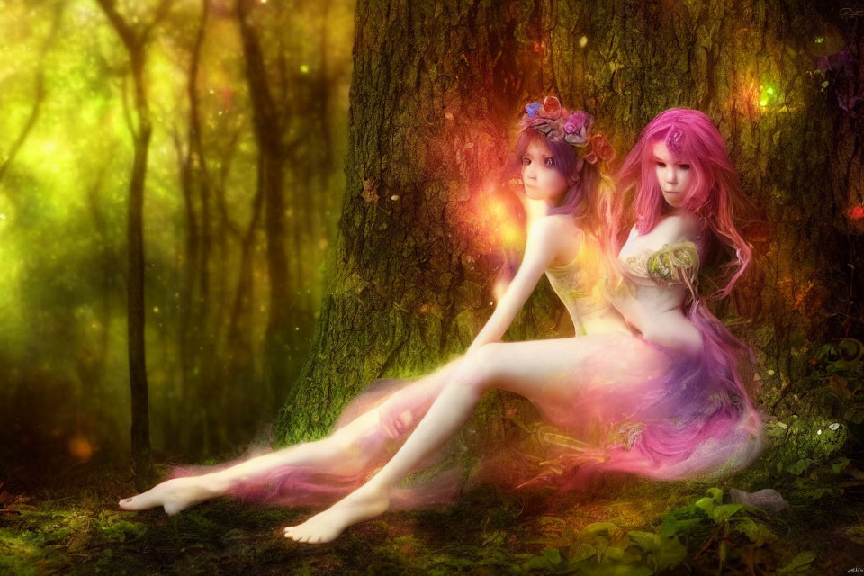 Ethereal female figures with colorful hair in enchanted forest