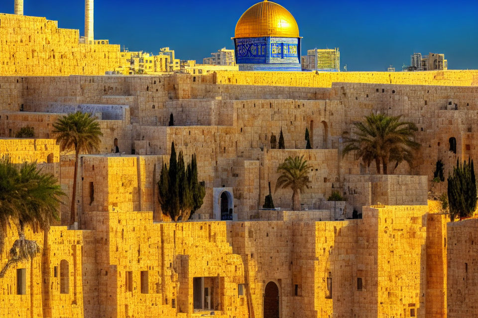 Iconic Dome of the Rock under golden sunlight with ancient stone walls
