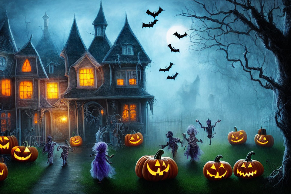 Spooky Halloween Scene with Haunted House & Ghosts