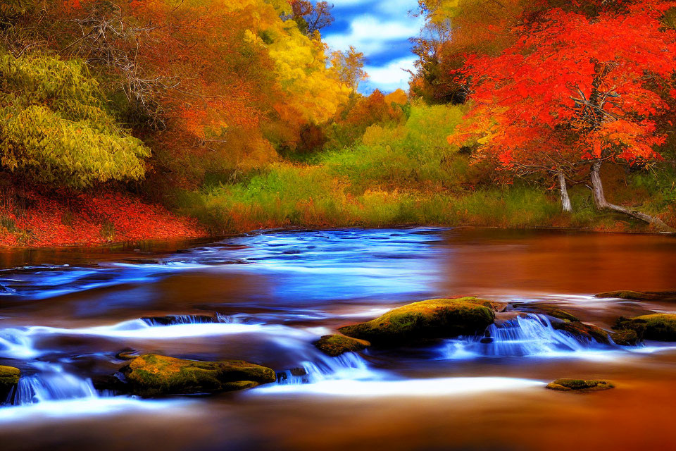 Scenic autumn landscape with river, moss-covered rocks, and colorful trees