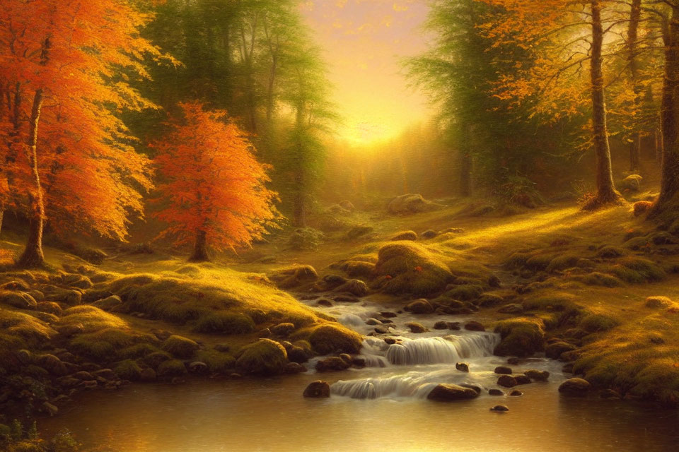 Golden sunlight on serene autumn forest with babbling brook