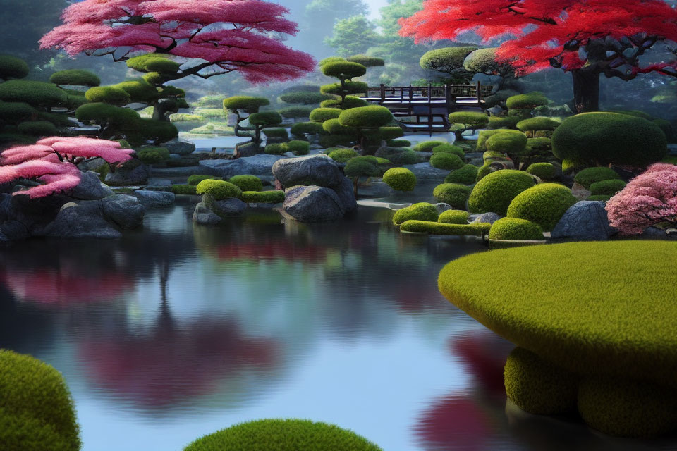 Tranquil Japanese garden with pink trees, pond, and wooden bridge