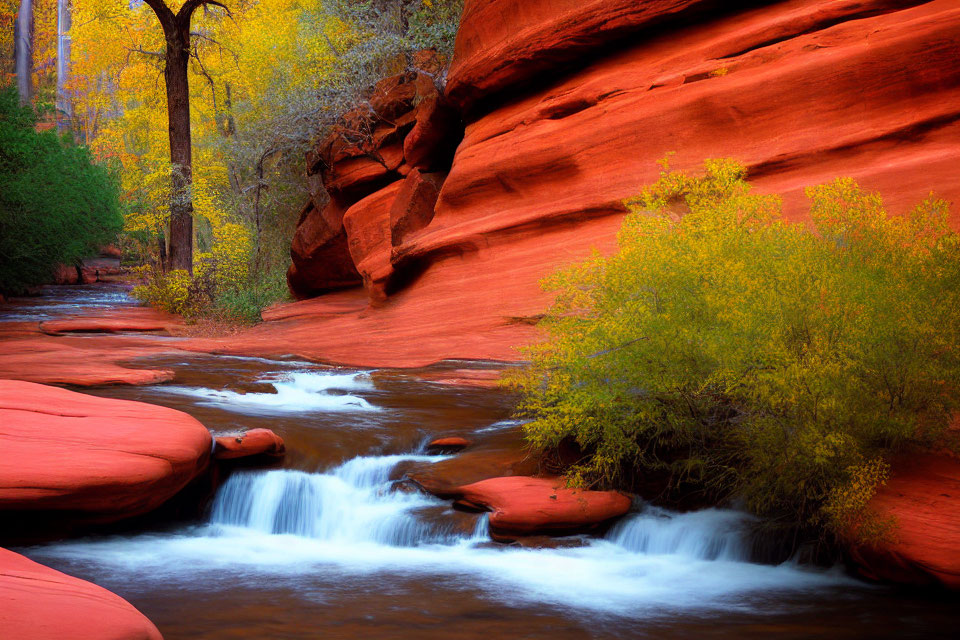 Tranquil stream in vibrant autumn landscape with red rocks and colorful trees