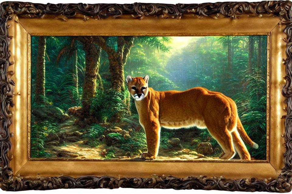 Majestic mountain lion in lush green forest with ornate brown frame