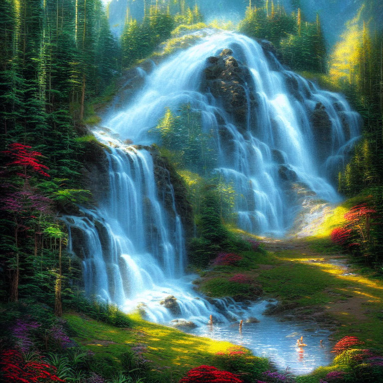 Lush forest waterfall painting with sunlight and colorful flowers