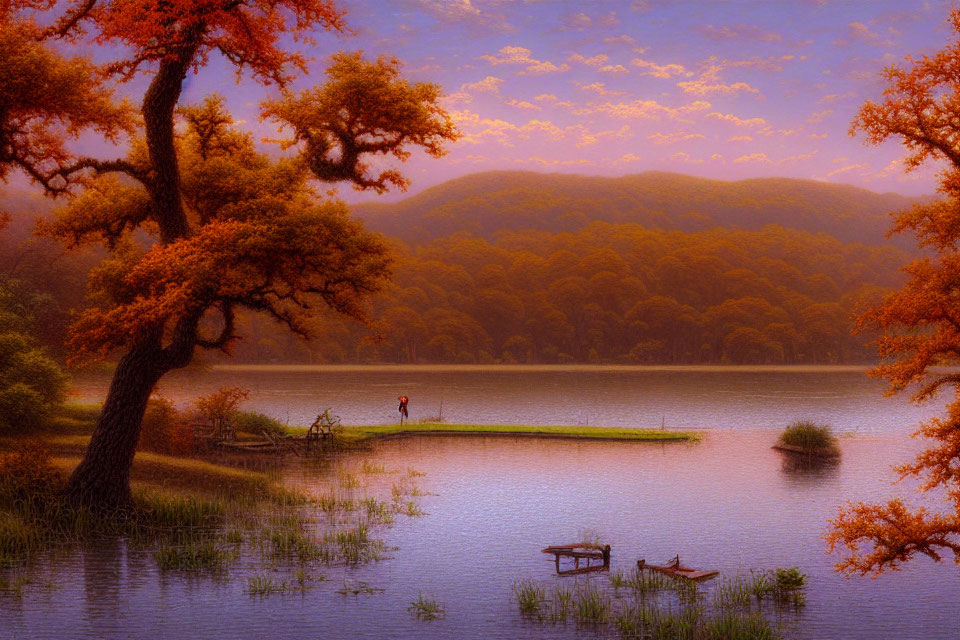 Tranquil dusk scene: person by lake, autumn trees, warm sky, small boats.
