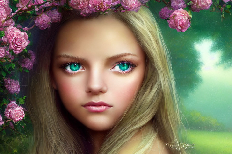 Portrait of Woman with Blue Eyes and Blonde Hair Among Pink Roses