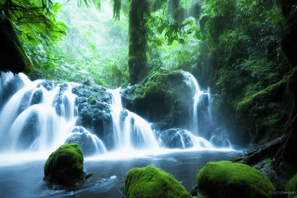 Misty Waterfall Cascading Over Moss-Covered Rocks in Green Forest