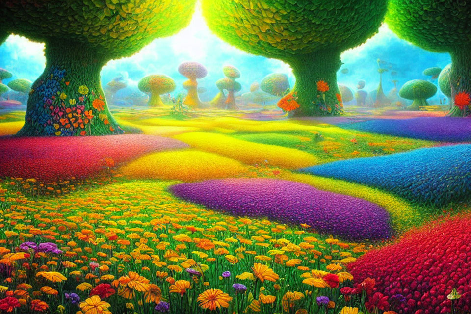 Colorful Landscape with Mushroom-like Trees and Radiant Light
