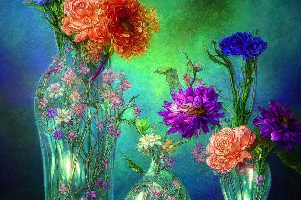Colorful flower arrangement in glass vases on blue and green textured background