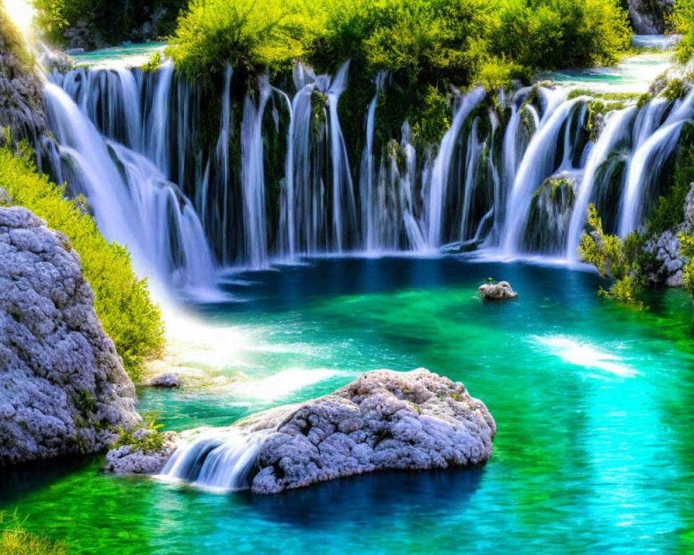 Scenic photo of cascading waterfalls in lush greenery