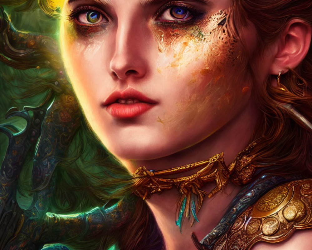 Detailed fantasy armor on woman with golden face paint and intense yellow eyes.