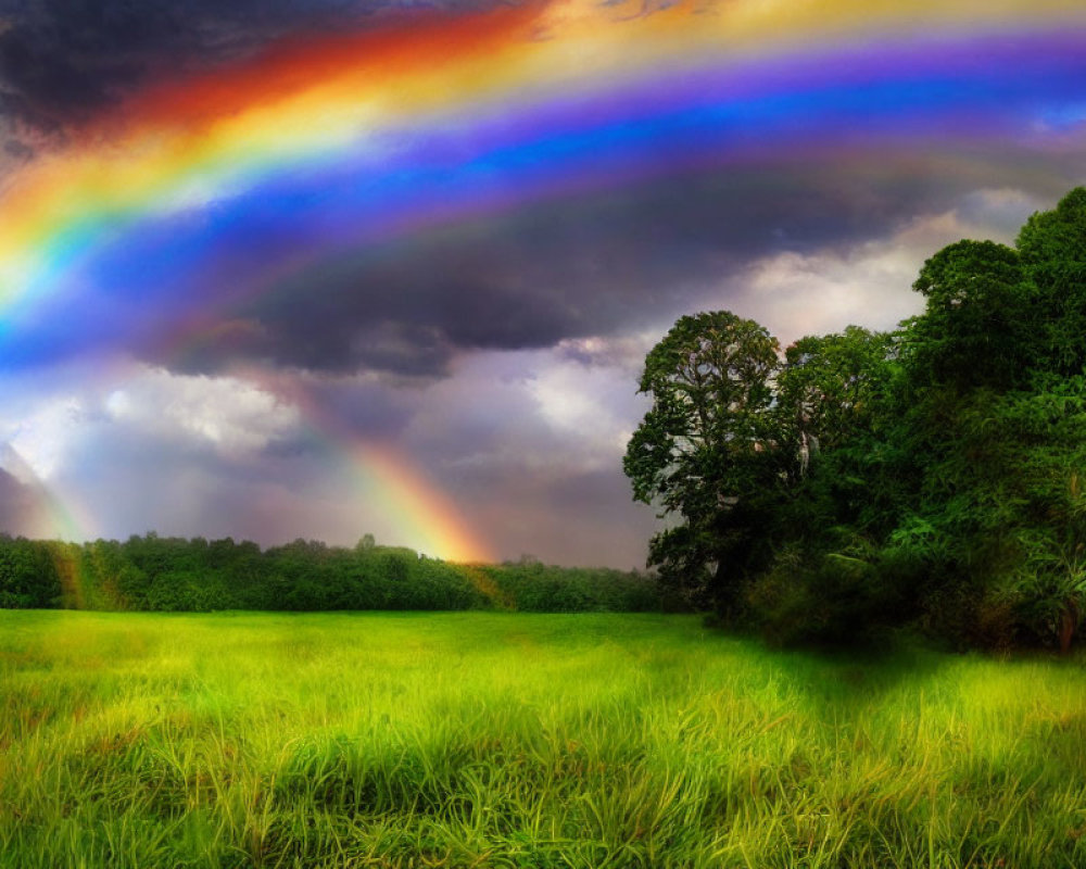 Vivid double rainbow over lush green meadow