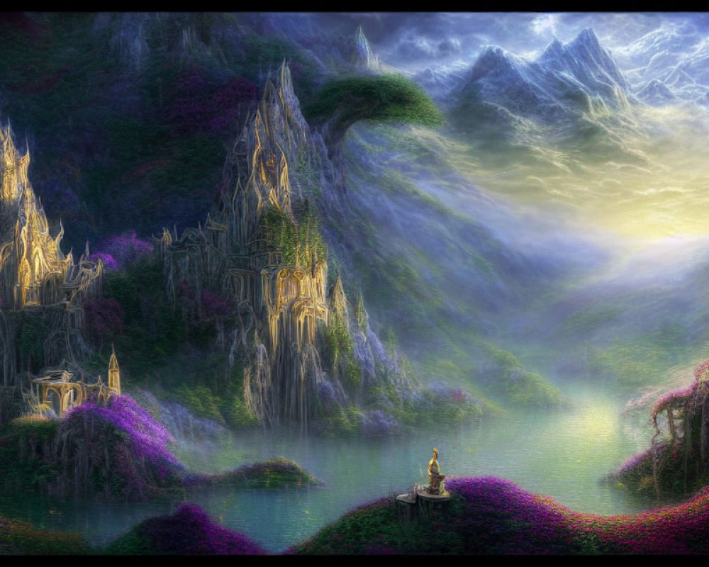 Mystical landscape with towering spires, serene lake, and figure gazing at misty mountains