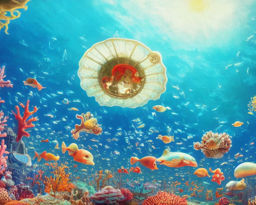 Vibrant coral reef with fish and jellyfish-like submarine in sunlit waters