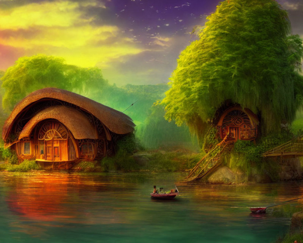 Colorful Fantasy Landscape with Thatched Cottage, River, Boat, and People