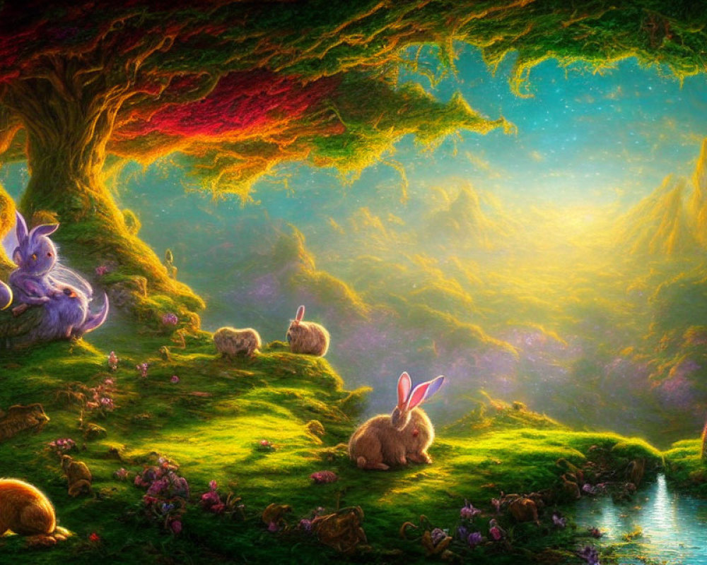 Enchanting forest scene with rabbits, vibrant flora, and serene pond