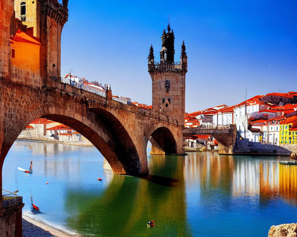 Ornate Gothic bridge over calm river with colorful buildings and boats