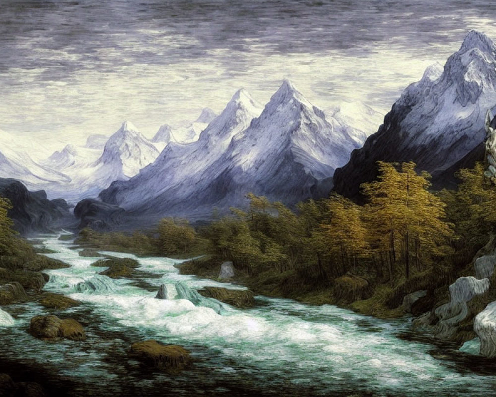 Mountainous landscape with river, lush forests, and rocky terrain