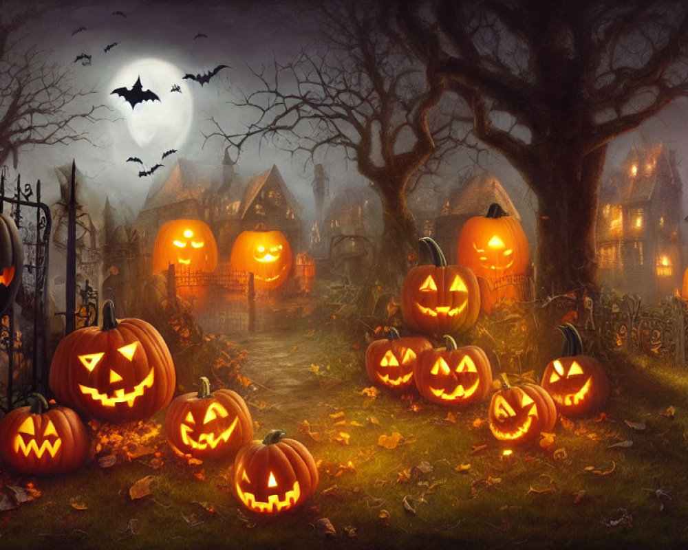 Spooky Halloween Scene with Pumpkins, Graveyard, Haunted Houses, Bats, Moon,