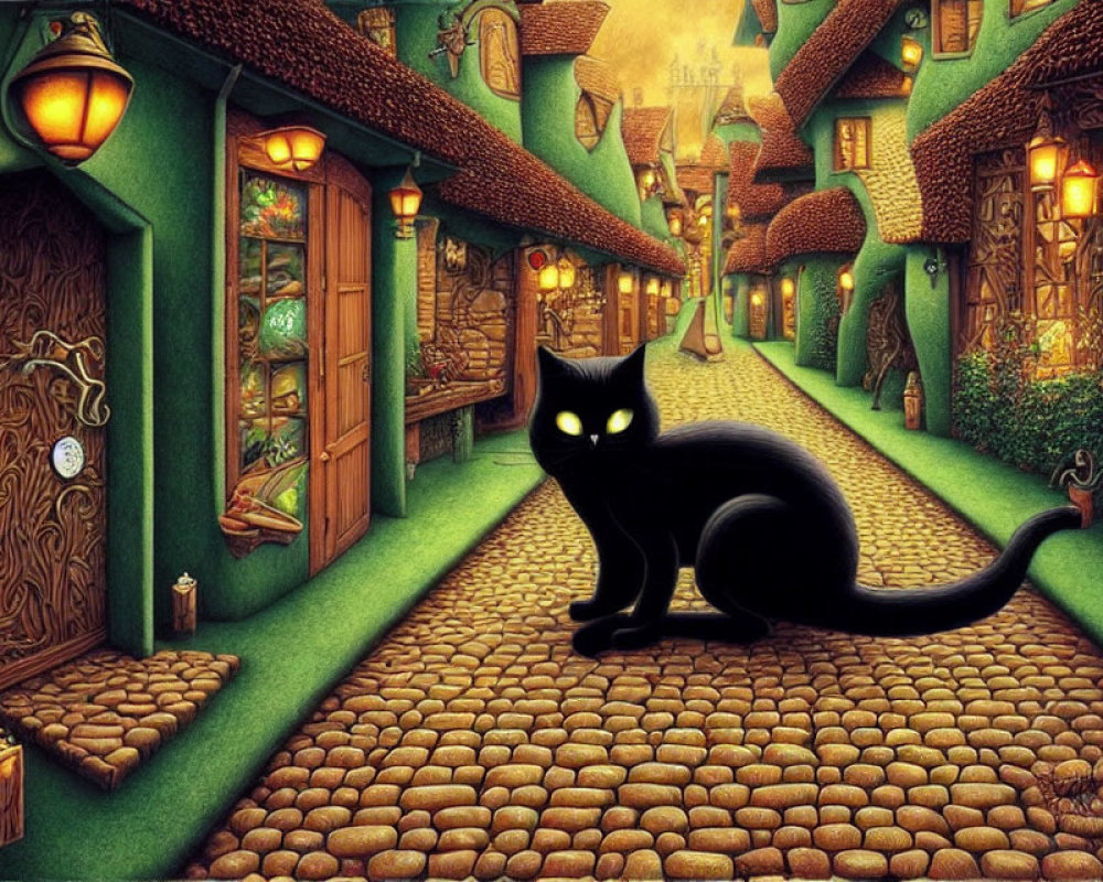 Black cat with glowing eyes in whimsical village with quirky houses