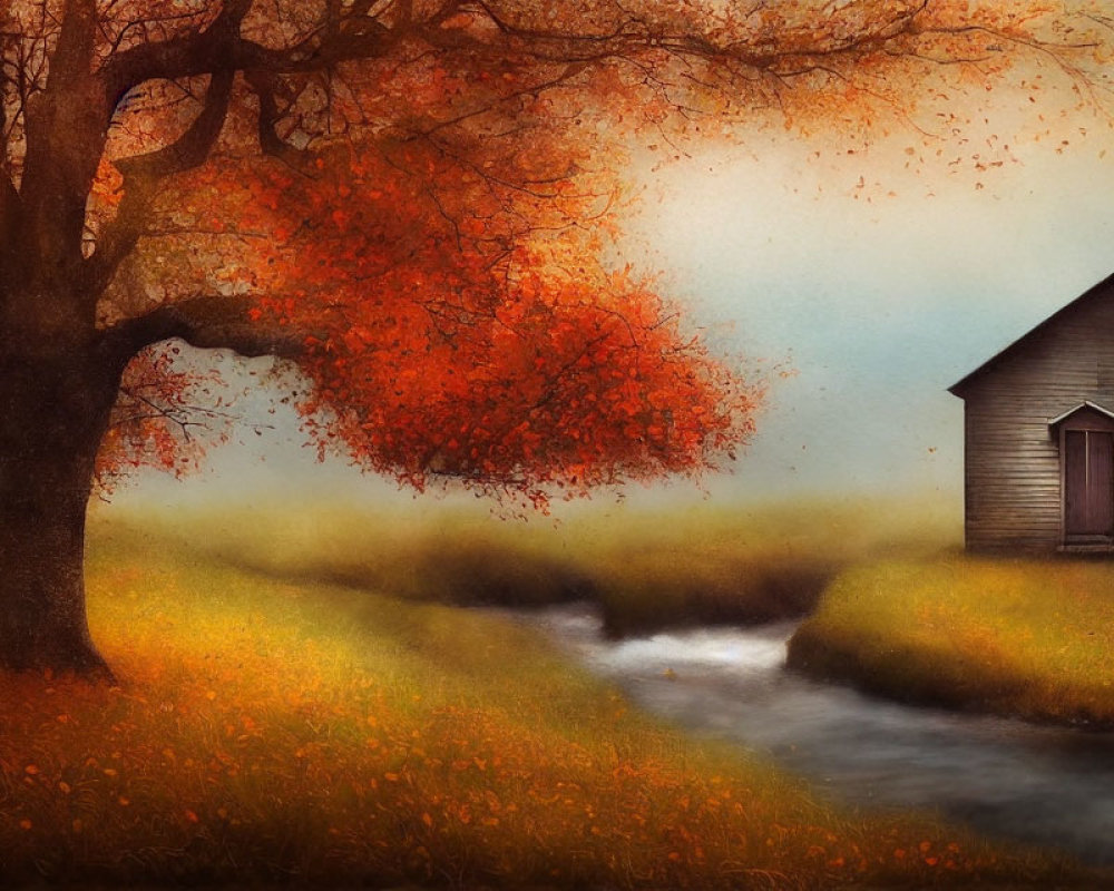 Vibrant autumn tree, rustic cabin, stream, golden foliage under warm sky