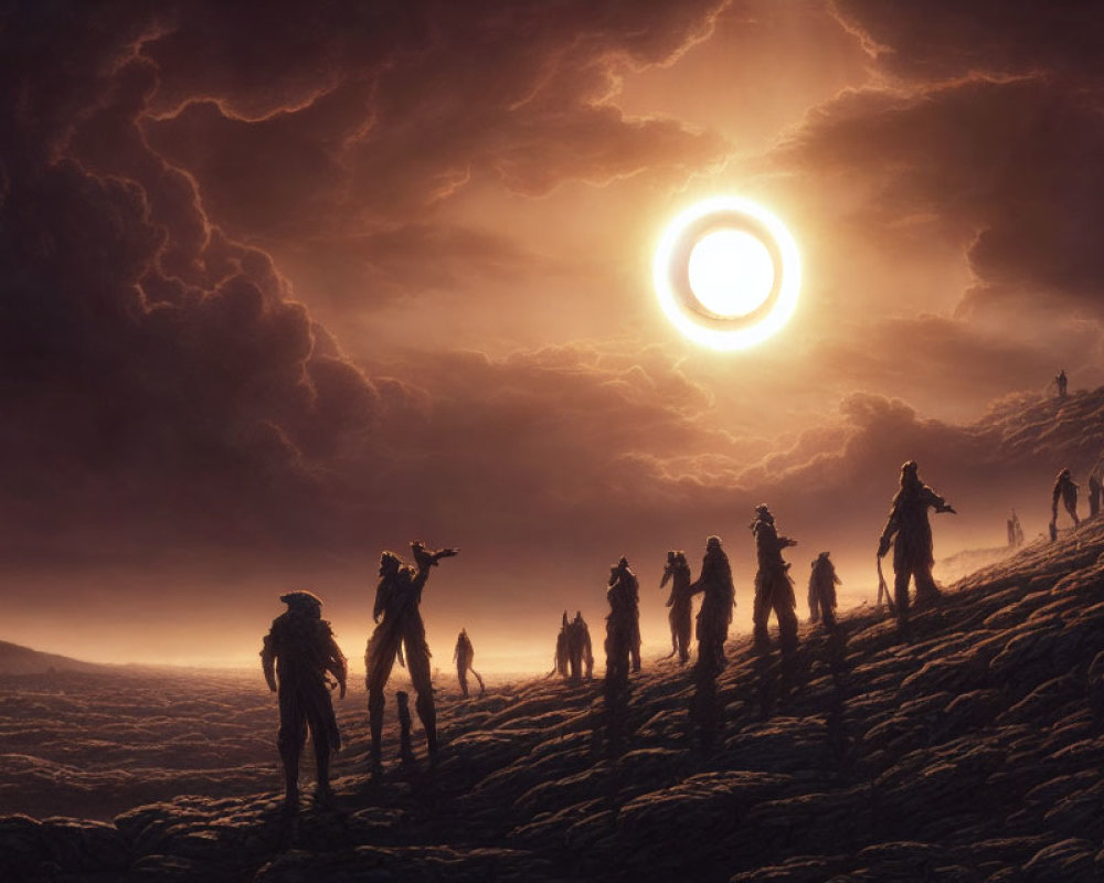 Silhouetted figures in dramatic landscape with glowing ring object