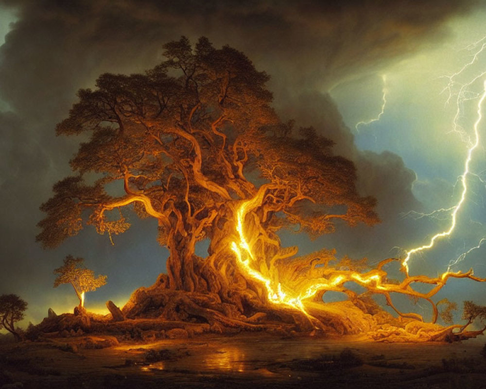 Gigantic illuminated tree in stormy sky with lightning branches
